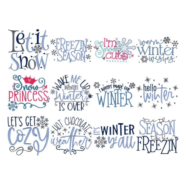 Frases de invierno - 12 diseños de bordado a máquina - Incluye varios tamaños - Diseños de bordado de invierno, Diseños de bordado con frases de invierno