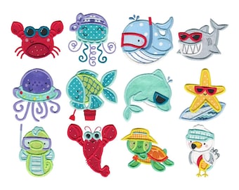 Fun Sea Creatures Applique - 12 Machine Embroidery Designs - 4x4 5x7 6x10 8x8 Inch Hoop Sizes Included - Sea Animals Embroidery Designs