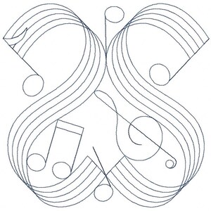 May include: A symmetrical design featuring musical notes and staves, rendered in a continuous, flowing line. The artwork incorporates treble clefs, quarter notes, and curved lines, creating a visually balanced and musical theme.