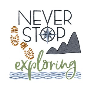 Può includere: Disegno ricamato con il testo "Never Stop Exploring" in verde, nero e marrone. Il disegno include una bussola, montagne e impronte.