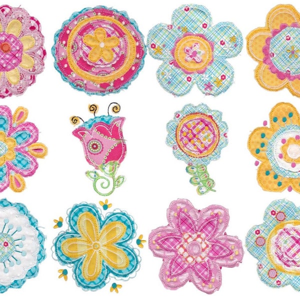 Cute Flower Raggedy Applique macchina ricamo disegni 4 x 4 5 x 7 e 6 x 10