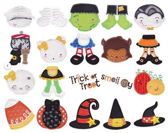 May include: A set of 17 Halloween-themed felt appliques featuring various characters like a mummy, a witch, a ghost, a pumpkin, a vampire, a werewolf, and a Frankenstein monster. The appliques are perfect for adding a festive touch to crafts, clothing, and home decor. The text "Trick or Treat" is also included in the set.