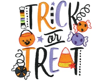 May include: Trick or Treat Halloween embroidery design with a pumpkin, candy corn, and candy. The design is in black, orange, purple, and white.