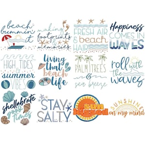 Op de afbeelding: Een set van negen kleurrijke borduurmotieven met zomer- en strandthema's. De ontwerpen omvatten "Beach Bummin' It", "Making Footprints & Memories", "Fresh Air & Beach Hair", "Happiness Comes In Waves", "High Tides & Summer Vibes", "Living That Beach Life", "Palm Trees & Sea Breeze", "Roll With The Waves", "Celebrate Good Times", "Stay Salty", "Sun Kissed" en "Sunshine On My Mind".
