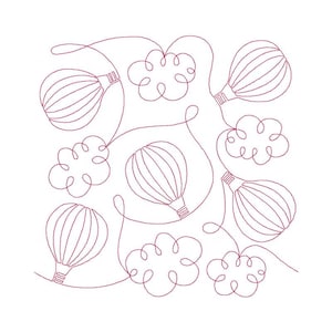 May include: A digital embroidery design featuring hot air balloons and clouds. The design is in a simple, minimalist style with thin lines. The balloons are all different shapes and sizes, and the clouds are fluffy and whimsical.