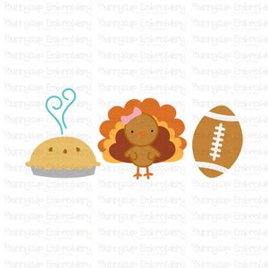 May include: A set of three Thanksgiving-themed clip art images: a brown pie with a white crust and steam coming from the top, a brown turkey with a pink bow, and a brown football.