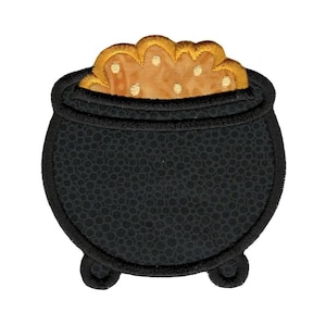 May include: A black cauldron with gold coins inside. The cauldron has three legs and a rounded top.