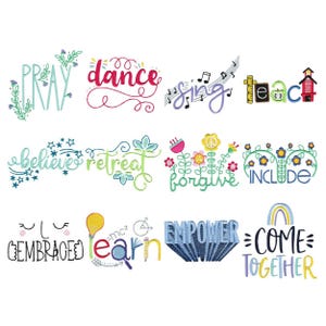 Illustrated Words Too  - 12 Machine Embroidery Designs - Multiple Sizes Included - Word Embroidery Designs, Word Art Embroidery Designs