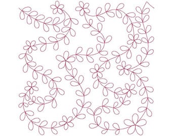 May include: A digital embroidery design featuring a repeating pattern of stylized leaves and flowers. The design is in a dark red color and is perfect for quilting or other sewing projects.