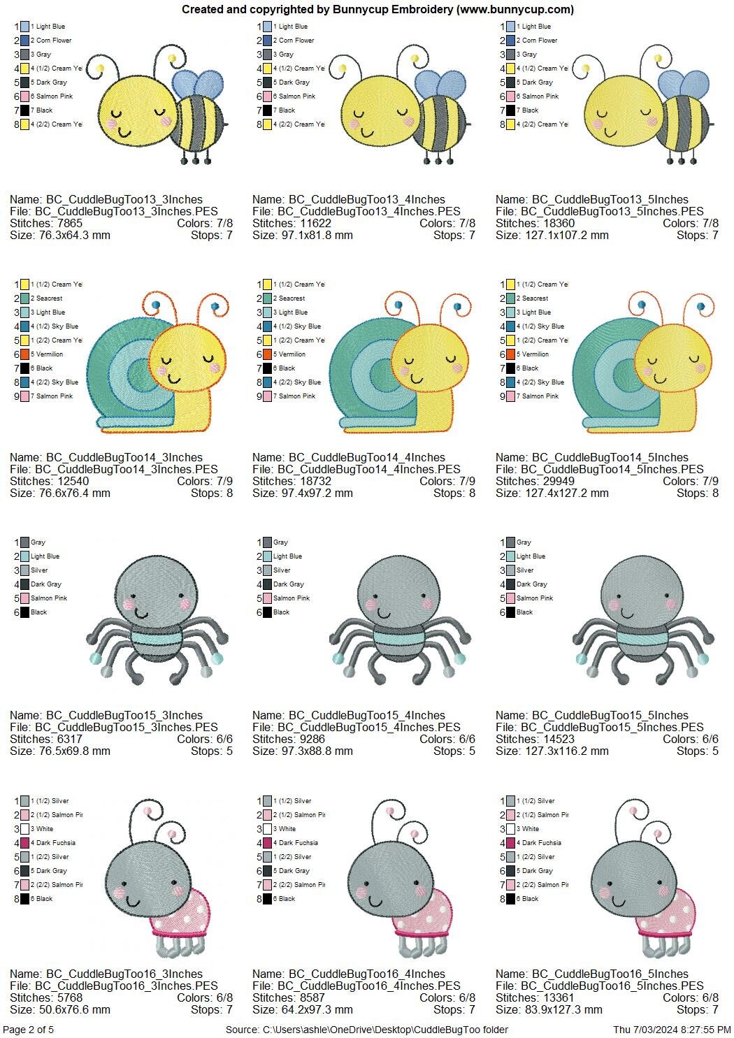 Cuddle Bug Too - 17 Machine Embroidery Designs - 3, 4 & 5 Inch Sizes ...