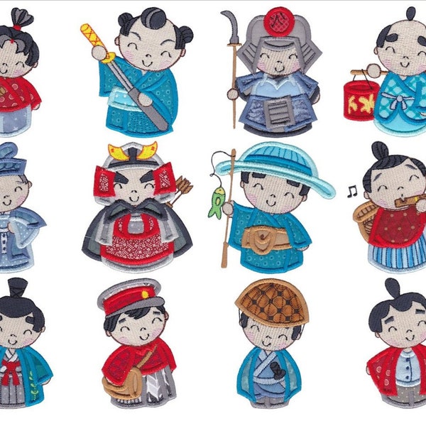 Kokeshi Dolls Boys Applique - 12 motifs de broderie Machine Applique différents 4 x 4 5 x 7 6 x 10