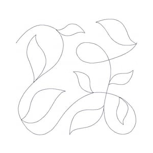 May include: A black and white line drawing of a floral design. The design features curved stems with leaf shapes. The leaves and stems are in a continuous line, creating a flowing, organic pattern. The background is plain white.