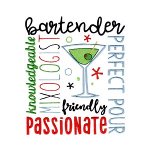 Puede incluir: Una ilustración colorida de una copa de martini con una aceituna, rodeada de las palabras "bartender", "mixologist", "knowledgeable", "passionate", "friendly", "perfect pour".