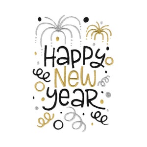May include: A black and gold Happy New Year greeting card with silver and gold confetti and fireworks.