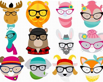 Hipster Animal Faces SVG Bundle - 12 SVG, Clipart, Cut and Printable Files - Personal and Small Business Use - Animal Faces svg, Hipster svg