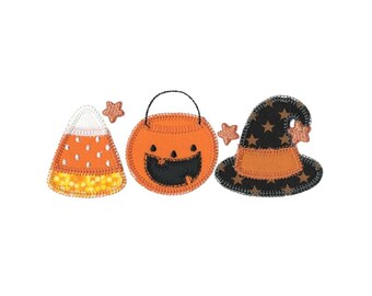 May include: Three Halloween-themed felt appliques: a candy corn, a pumpkin bucket, and a witch's hat with stars.
