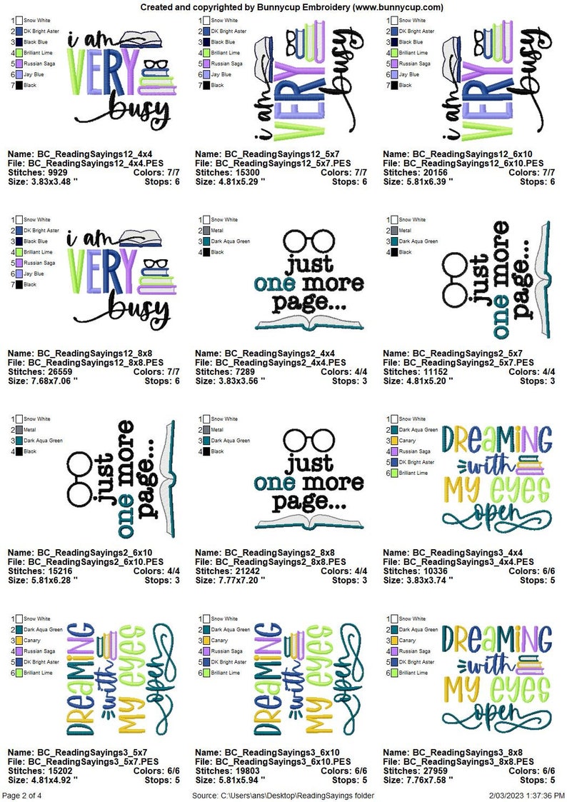 Puede incluir: Un conjunto de 10 dise&ntilde;os de bordado con diferentes frases sobre la lectura. Los dise&ntilde;os incluyen "Estoy muy ocupado", "Solo una p&aacute;gina m&aacute;s..." y "So&ntilde;ar con los ojos abiertos".