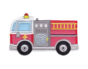 May include: A red fire truck with a white cab, a gray hose, and a yellow ladder. The truck has a yellow bell and a red light on top.