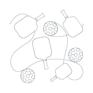 May include: A white line drawing of pickleball paddles and balls. The paddles are rectangular with a handle, and the balls have circular holes. The design is on a white background.