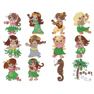 Hula Girls - 12 Machine Embroidery Designs - 4, 5 & 6 Inch Sizes Included - Hula Girl Embroidery Designs, Hawaiian Embroidery Designs