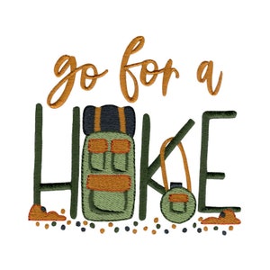 May include: Embroidered design of a green backpack, hiking stick, and water bottle with the text "go for a HIKE" in orange.