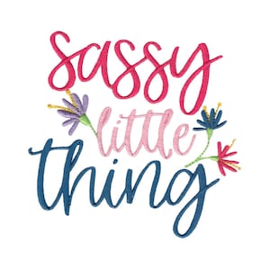 May include: Embroidered design with the text "Sassy little thing" in pink, blue, and red lettering with floral accents.