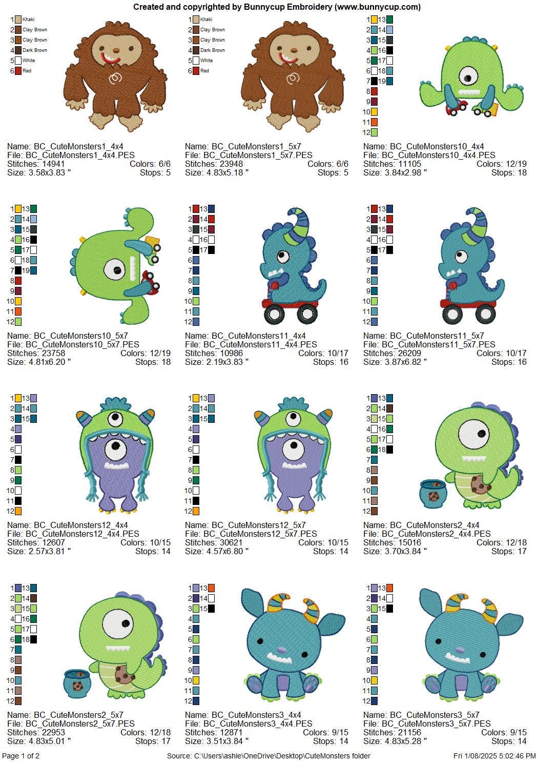 Monster Embroidery Pattern Cute Monsters - 12 Machine Embroidery Designs - 4x4 5x7 Inch Hoop Sizes ...