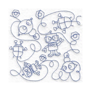 May include: A digital embroidery design featuring a whimsical pattern of robots and gears. The robots are drawn in a simple, cartoon style with large eyes and antennas. The design is perfect for adding a touch of fun to any project.