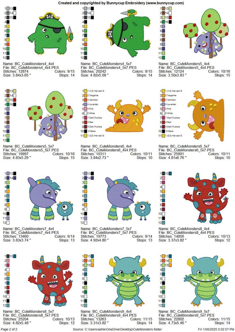 Monster Embroidery Pattern Cute Monsters - 12 Machine Embroidery Designs - 4x4 5x7 Inch Hoop Sizes ...