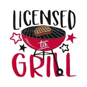 May include: Red and black embroidered design of a grill with a steak on it and the text "Licensed to Grill" with stars around the grill.