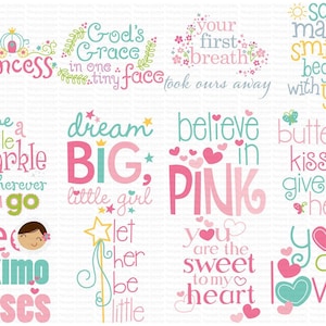 Baby Girl Sentiments Too SVG Bundle Clipart e SVG - 12 arquivos SVG, clipart, recortados e para impressão - uso pessoal e em pequenas empresas