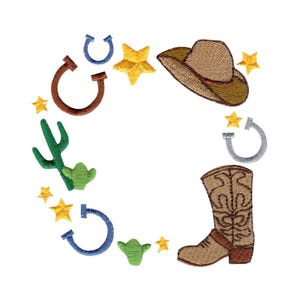 Puede incluir: Un diseño de bordado colorido con un sombrero de vaquero, botas, estrellas y herraduras. Este diseño es perfecto para un proyecto de artesanía de temática western.