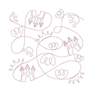 以下が含まれることがあります： 城と王冠がついた、幻想的な迷路の線画。迷路はピンク色の連続線で描かれている。