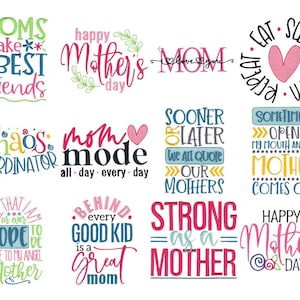 Può includere: Una collezione di design colorati a tema Festa della Mamma con varie frasi di testo. Le frasi includono "Moms make the best friends", "Happy Mother's Day", "Mom love you", "Eat Sleep Mom Repeat", "Chaos Coordinator" e "Mom Mode".