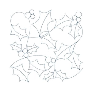 May include: A black and white line drawing of holly leaves and berries. The design is perfect for quilting, embroidery, or other crafts.