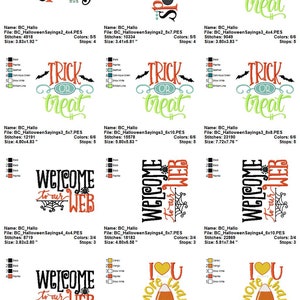 May include: A set of 10 Halloween embroidery designs featuring various spooky sayings and images. The designs include "Spooky", "Trick or Treat", "Welcome to our Web", and "I love you more than candy corn".