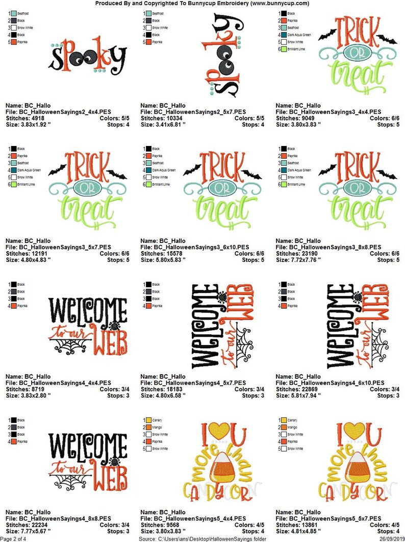 May include: A set of 10 Halloween embroidery designs featuring various spooky sayings and images. The designs include "Spooky", "Trick or Treat", "Welcome to our Web", and "I love you more than candy corn".