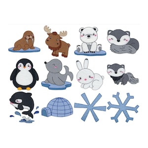 May include: A set of 12 embroidered patches featuring various arctic animals, including a walrus, moose, polar bear, fox, penguin, seal, rabbit, weasel, orca, igloo, and two snowflakes.
