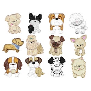 Apliques de perros - 12 diseños de bordado a máquina - Tamaños incluidos: 4x4, 5x7, 6x10 y 8x8 - Diseños de bordado de perros con apliques, bordado de razas de perros