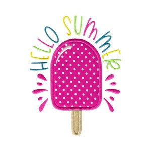 May include: A pink popsicle with white polka dots and a brown stick. The popsicle is surrounded by the text "Hello Summer" in colorful letters.
