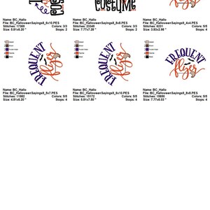 May include: Four embroidery designs for Halloween featuring the text "This is my costume" and "Frequent Flyer" with bats and a spider. The designs are in black, purple, orange, and brown.