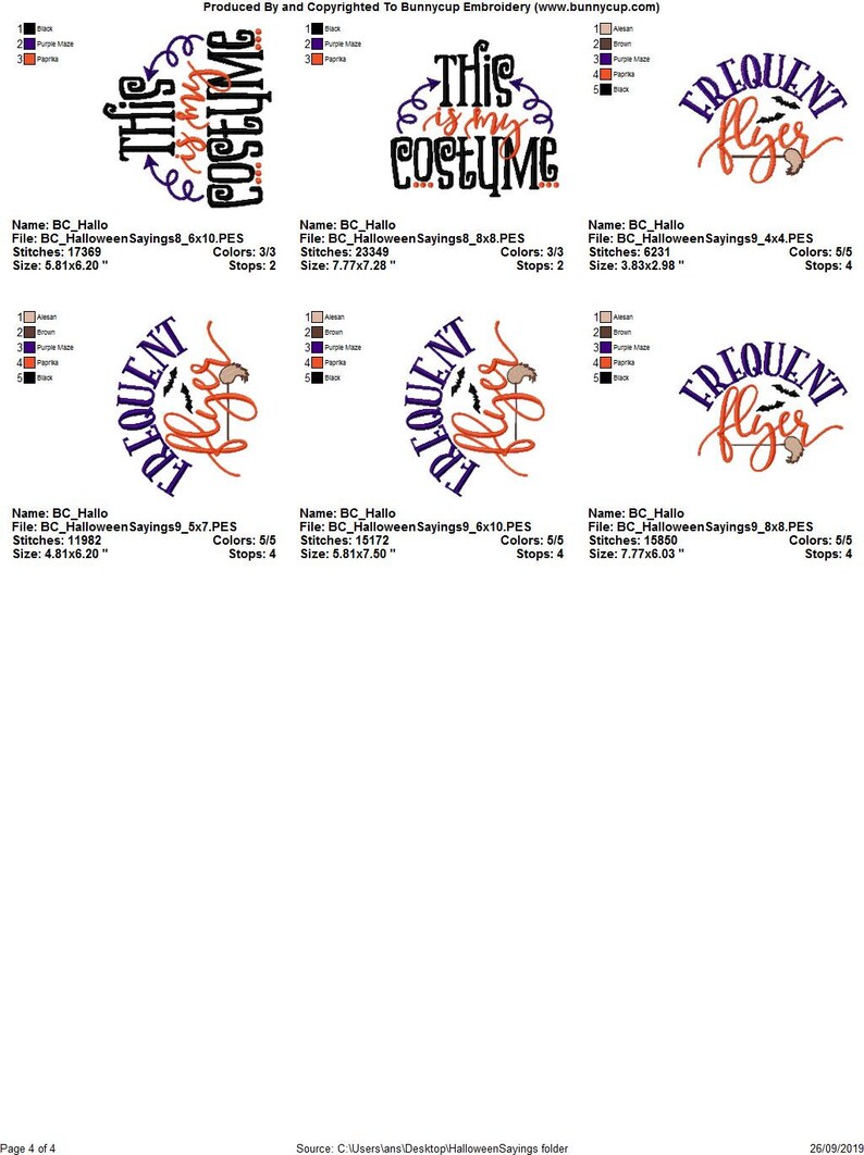 May include: Four embroidery designs for Halloween featuring the text "This is my costume" and "Frequent Flyer" with bats and a spider. The designs are in black, purple, orange, and brown.