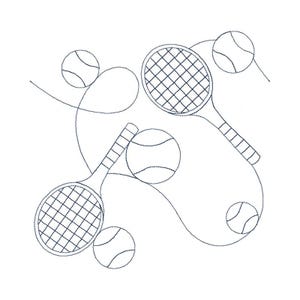 May include: An embroidered design featuring two tennis rackets and several tennis balls. The rackets are positioned at different angles, with the balls scattered around them. The design is in a dark blue color on a white background.
