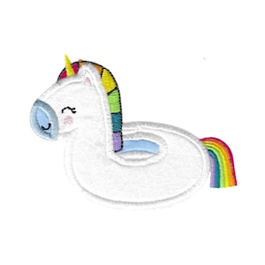 May include: Embroidered patch of a white unicorn with a rainbow mane, tail, and horn. The unicorn has a blue snout and a smiling face. The patch is designed to look like a pool float.