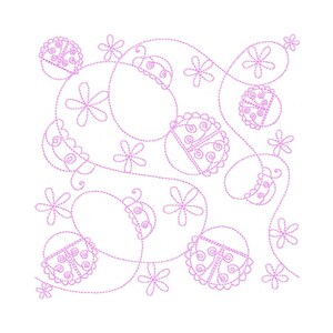 May include: A pink and white design of ladybugs and flowers. The ladybugs are outlined with a dotted line and have black spots. The flowers are simple and have five petals.