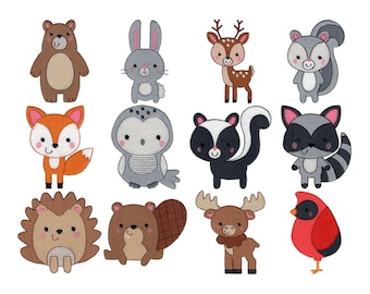 Puede incluir: Una colección de doce diseños bordados de animales del bosque, incluyendo un oso, un conejo, un ciervo, una ardilla, un zorro, un búho, una mofeta, un mapache, un erizo, un castor, un alce y un cardenal. Cada animal está representado en un estilo de dibujos animados.