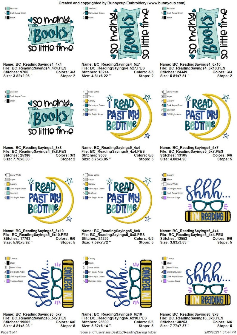 Puede incluir: Un conjunto de 10 dise&ntilde;os de bordado con diferentes frases sobre la lectura. Los dise&ntilde;os incluyen "So many books, so little time", "I read past my bedtime", y "Shhh... I'm reading".