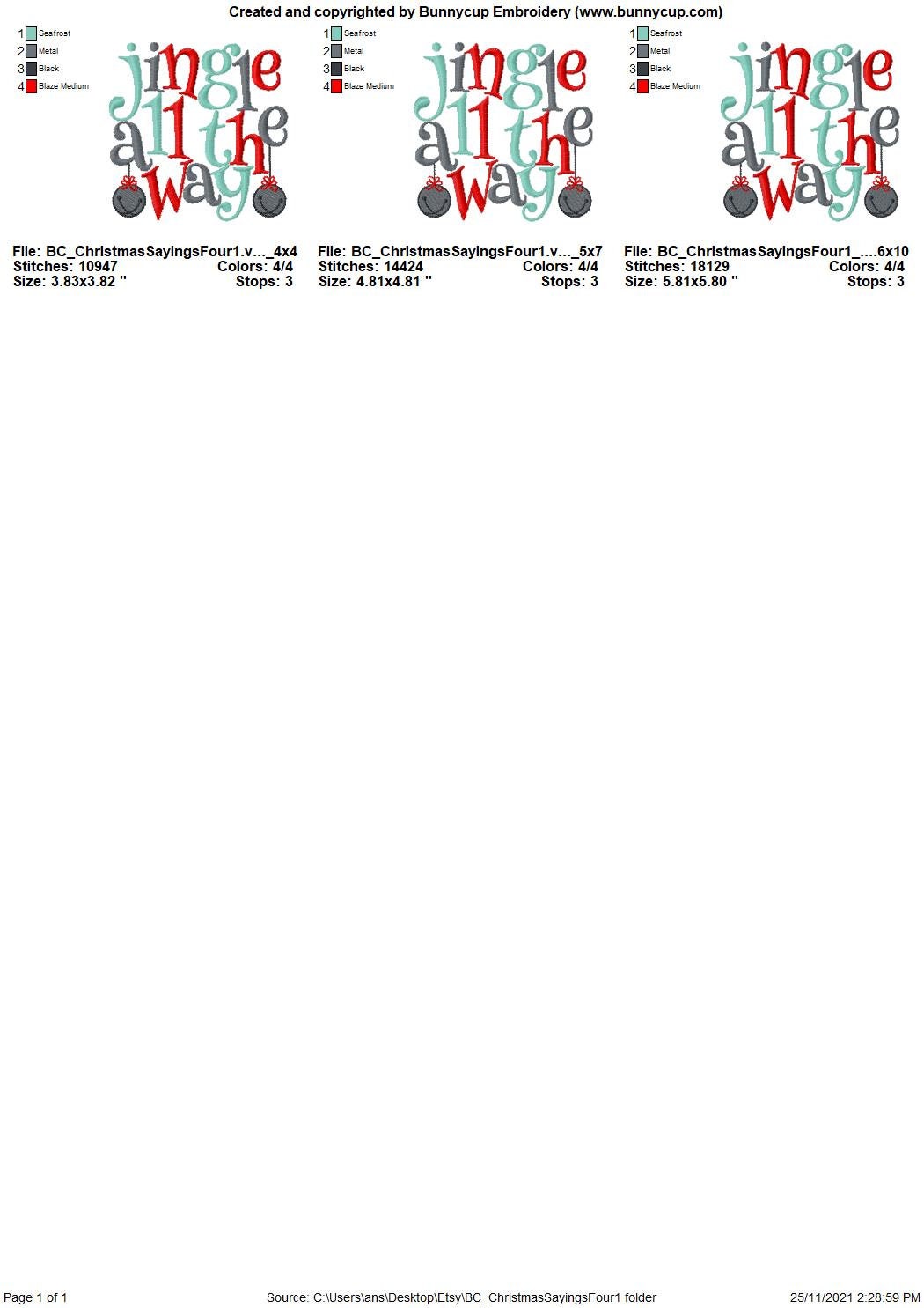 Jingle All the Way Embroidery Design - 4x4 5x7 6x10 Sizes Included