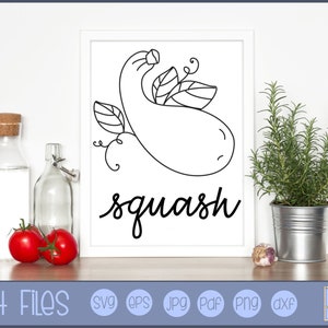 以下が含まれることがあります： 葉と「squash」という文字が書かれた、白黒の線画のスカッシュ