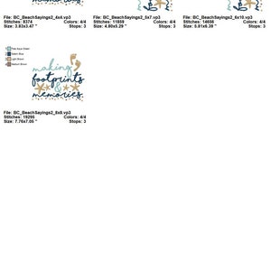 May include: A digital embroidery design featuring the text "making footprints & memories" in blue and brown lettering. The design also includes a pair of footprints and three starfish in pale blue and brown.